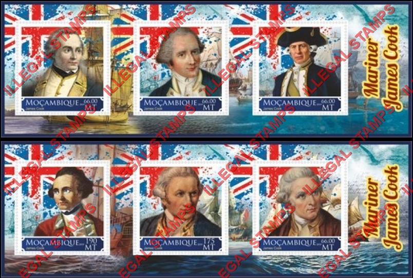 Mozambique 2019 James Cook Mariner Counterfeit Illegal Stamp Souvenir Sheets of 3 Mozambique 2019 James Cook Mariner Counterfeit Illegal Stamp Souvenir Sheets of 3