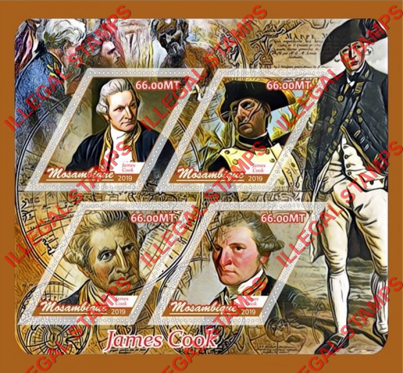 Mozambique 2019 James Cook Counterfeit Illegal Stamp Souvenir Sheet of 4 Mozambique 2019 James Cook Counterfeit Illegal Stamp Souvenir Sheet of 4