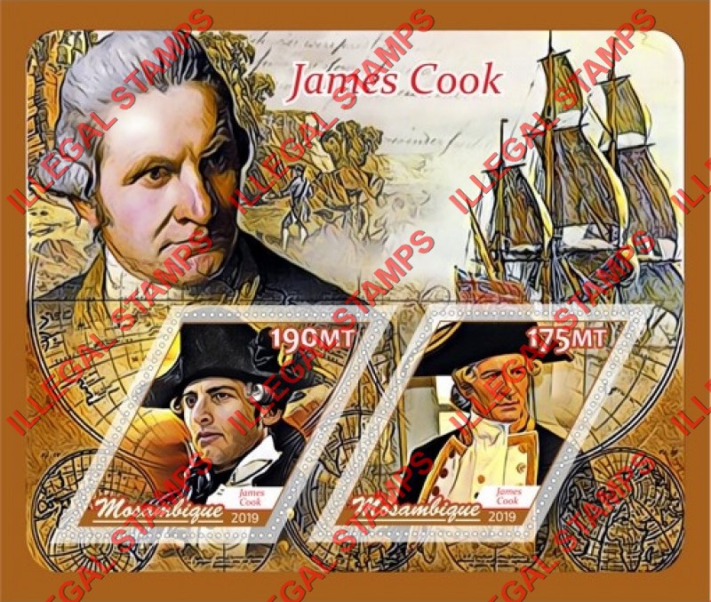 Mozambique 2019 James Cook Counterfeit Illegal Stamp Souvenir Sheet of 2 Mozambique 2019 James Cook Counterfeit Illegal Stamp Souvenir Sheet of 2