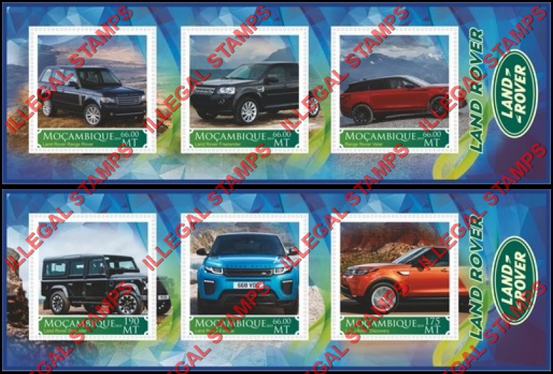 Mozambique 2019 Land Rover Counterfeit Illegal Stamp Souvenir Sheets of 3 Mozambique 2019 Land Rover Counterfeit Illegal Stamp Souvenir Sheets of 3