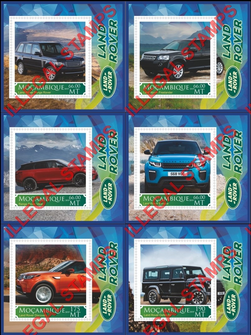 Mozambique 2019 Land Rover Counterfeit Illegal Stamp Souvenir Sheets of 1 Mozambique 2019 Land Rover Counterfeit Illegal Stamp Souvenir Sheets of 1
