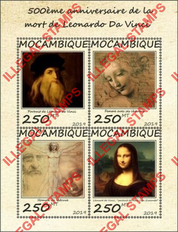 Mozambique 2019 Leonardo da Vinci (different a) Counterfeit Illegal Stamp Souvenir Sheet of 4 Mozambique 2019 Leonardo da Vinci (different a) Counterfeit Illegal Stamp Souvenir Sheet of 4