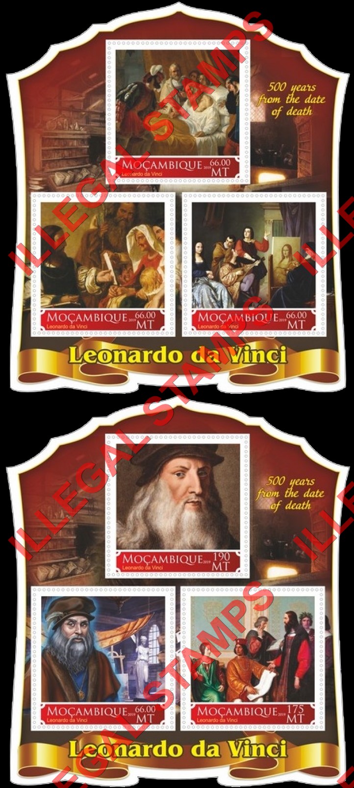 Mozambique 2019 Leonardo da Vinci (different) Counterfeit Illegal Stamp Souvenir Sheets of 3 Mozambique 2019 Leonardo da Vinci (different) Counterfeit Illegal Stamp Souvenir Sheets of 3