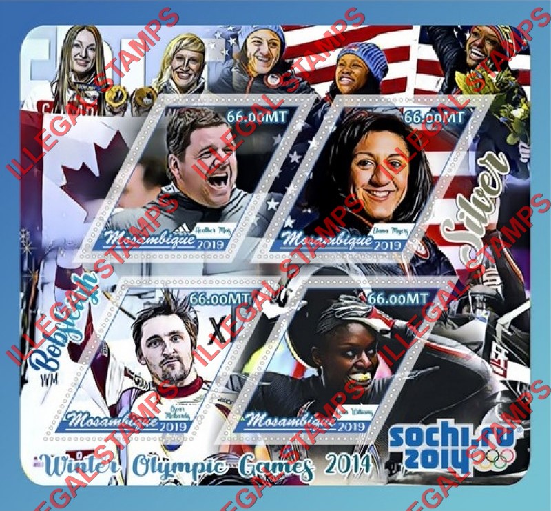 Mozambique 2019 Olympic Games in Sochi in 2014 Bobsleigh Athletes Counterfeit Illegal Stamp Souvenir Sheet of 4 Mozambique 2019 Olympic Games in Sochi in 2014 Bobsleigh Athletes Counterfeit Illegal Stamp Souvenir Sheet of 4