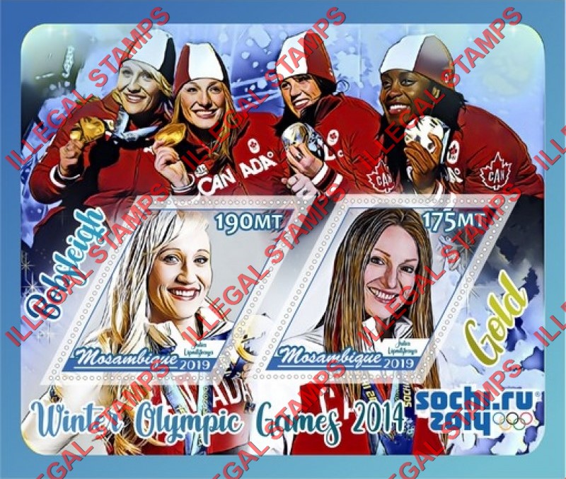Mozambique 2019 Olympic Games in Sochi in 2014 Bobsleigh Athletes Counterfeit Illegal Stamp Souvenir Sheet of 2 Mozambique 2019 Olympic Games in Sochi in 2014 Bobsleigh Athletes Counterfeit Illegal Stamp Souvenir Sheet of 2