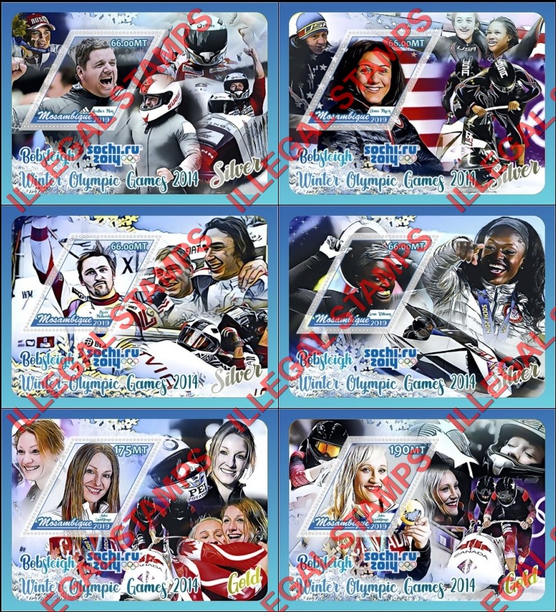 Mozambique 2019 Olympic Games in Sochi in 2014 Bobsleigh Athletes Counterfeit Illegal Stamp Souvenir Sheets of 1 Mozambique 2019 Olympic Games in Sochi in 2014 Bobsleigh Athletes Counterfeit Illegal Stamp Souvenir Sheets of 1