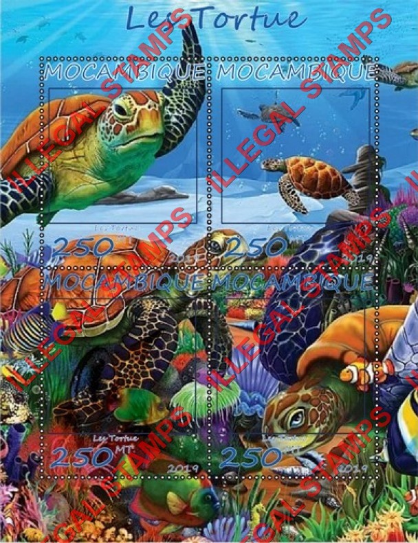Mozambique 2019 Turtles Counterfeit Illegal Stamp Souvenir Sheet of 4 Mozambique 2019 Turtles Counterfeit Illegal Stamp Souvenir Sheet of 4