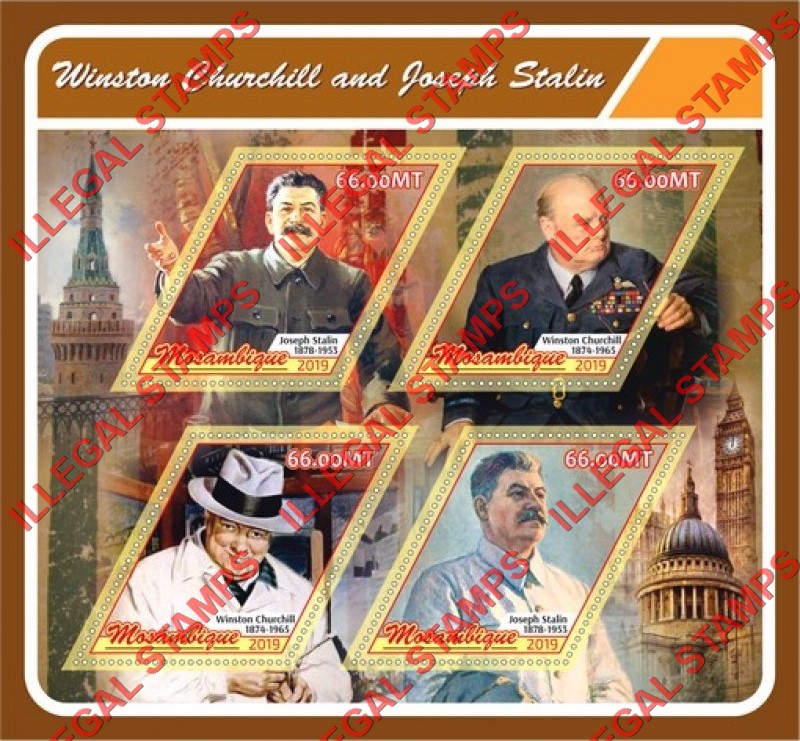 Mozambique 2019 Winston Churchill and Joseph Stalin Counterfeit Illegal Stamp Souvenir Sheet of 4 Mozambique 2019 Winston Churchill and Joseph Stalin Counterfeit Illegal Stamp Souvenir Sheet of 4