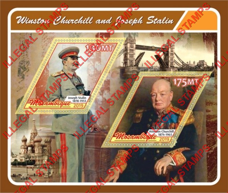 Mozambique 2019 Winston Churchill and Joseph Stalin Counterfeit Illegal Stamp Souvenir Sheet of 2 Mozambique 2019 Winston Churchill and Joseph Stalin Counterfeit Illegal Stamp Souvenir Sheet of 2
