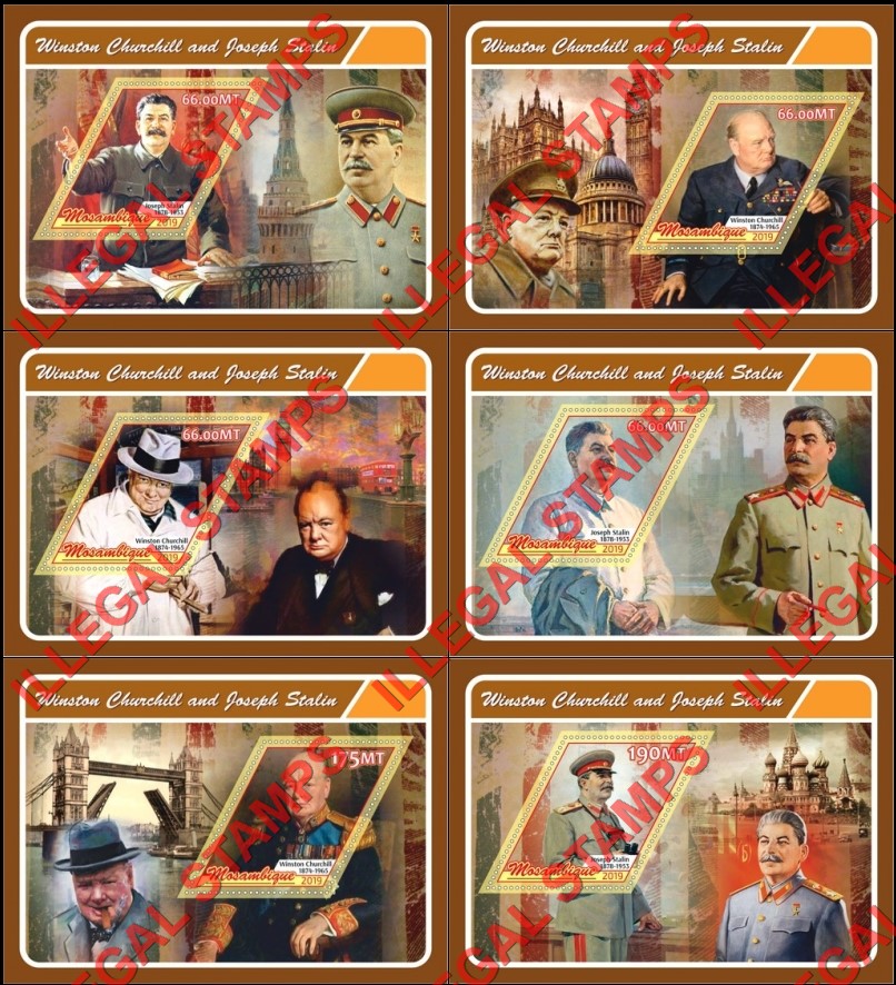Mozambique 2019 Winston Churchill and Joseph Stalin Counterfeit Illegal Stamp Souvenir Sheets of 1 Mozambique 2019 Winston Churchill and Joseph Stalin Counterfeit Illegal Stamp Souvenir Sheets of 1