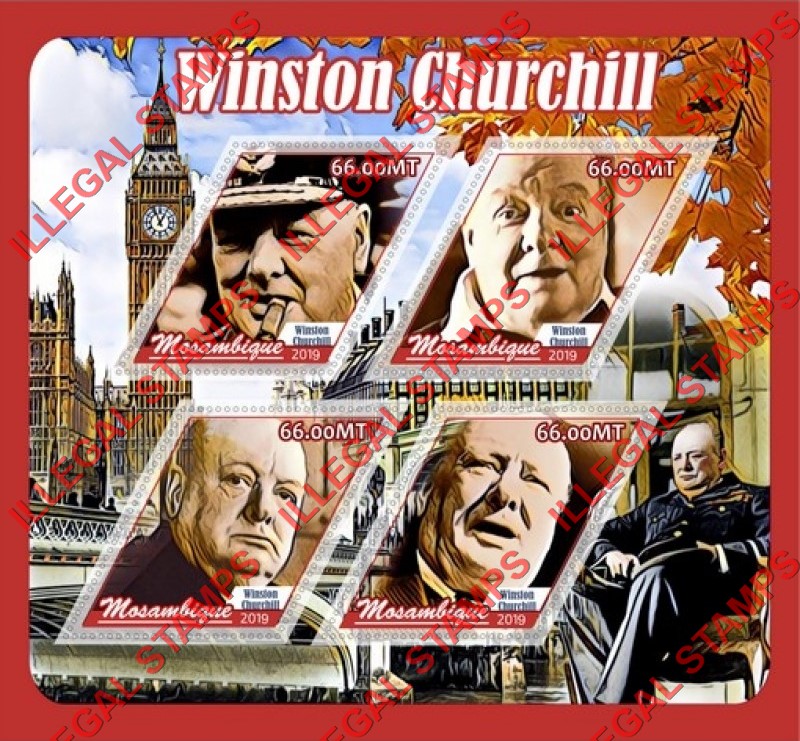 Mozambique 2019 Winston Churchill Counterfeit Illegal Stamp Souvenir Sheet of 4 Mozambique 2019 Winston Churchill Counterfeit Illegal Stamp Souvenir Sheet of 4