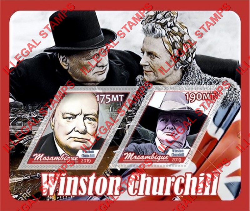 Mozambique 2019 Winston Churchill Counterfeit Illegal Stamp Souvenir Sheet of 2 Mozambique 2019 Winston Churchill Counterfeit Illegal Stamp Souvenir Sheet of 2