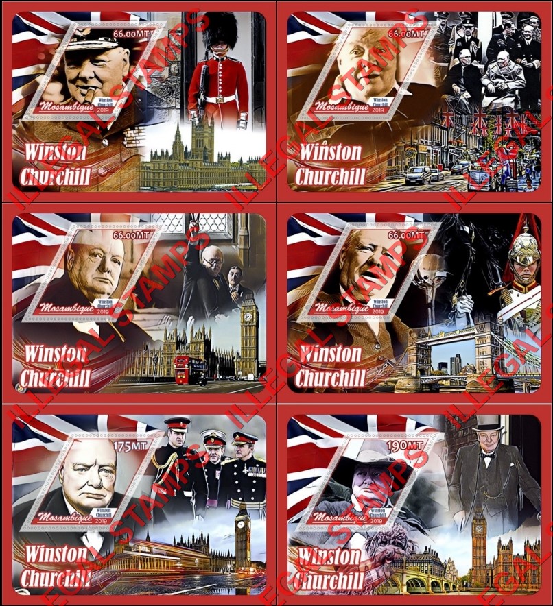 Mozambique 2019 Winston Churchill Counterfeit Illegal Stamp Souvenir Sheets of 1 Mozambique 2019 Winston Churchill Counterfeit Illegal Stamp Souvenir Sheets of 1
