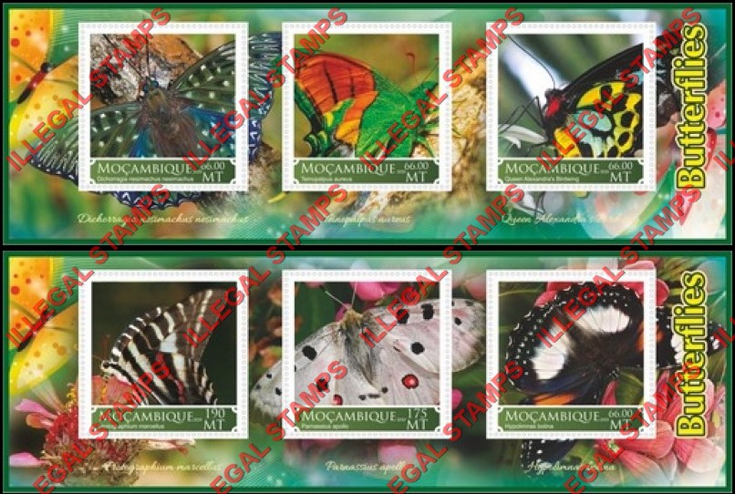 Mozambique 2020 Butterflies (different a) Counterfeit Illegal Stamp Souvenir Sheets of 3 Mozambique 2020 Butterflies (different a) Counterfeit Illegal Stamp Souvenir Sheets of 3