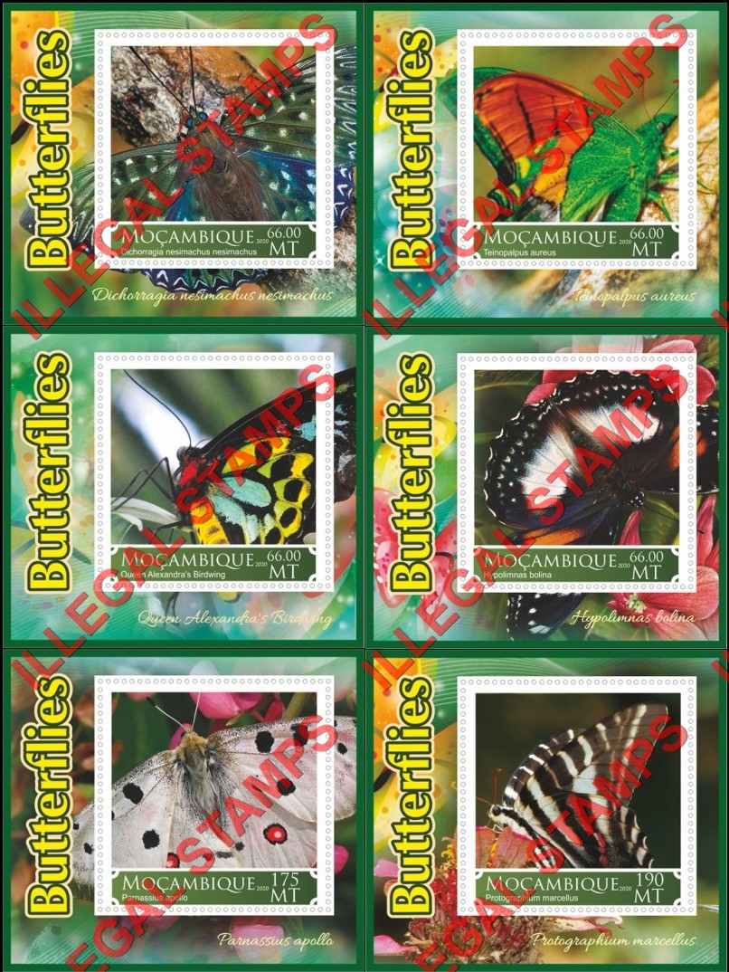 Mozambique 2020 Butterflies (different a) Counterfeit Illegal Stamp Souvenir Sheets of 1 Mozambique 2020 Butterflies (different a) Counterfeit Illegal Stamp Souvenir Sheets of 1
