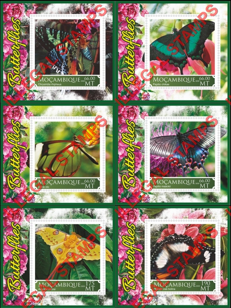 Mozambique 2020 Butterflies (different) Counterfeit Illegal Stamp Souvenir Sheets of 1 Mozambique 2020 Butterflies (different) Counterfeit Illegal Stamp Souvenir Sheets of 1