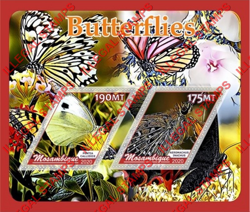 Mozambique 2020 Butterflies Counterfeit Illegal Stamp Souvenir Sheet of 2 Mozambique 2020 Butterflies Counterfeit Illegal Stamp Souvenir Sheet of 2