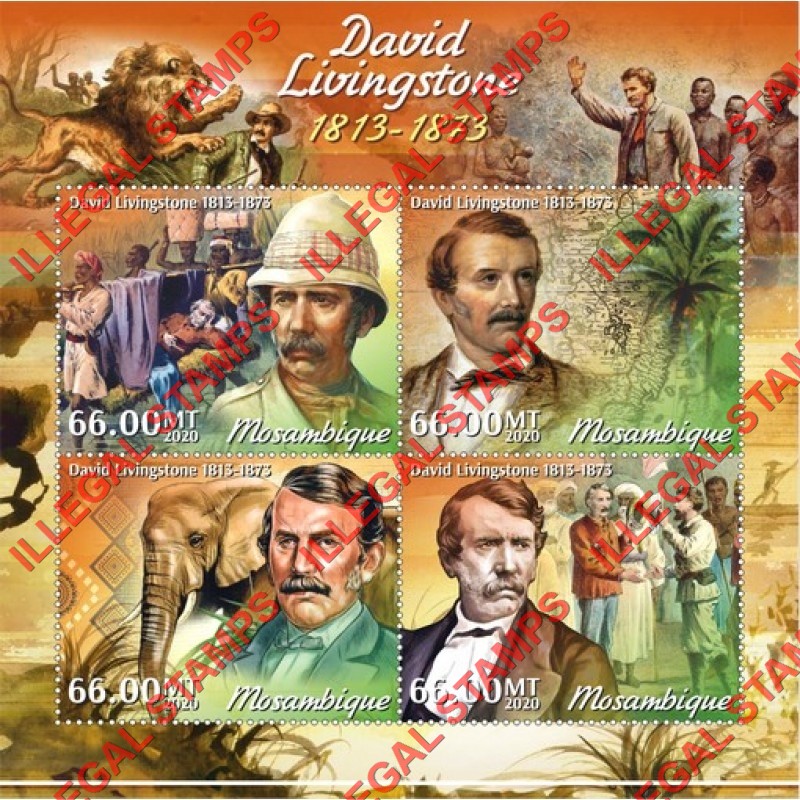 Mozambique 2020 David Livingstone Counterfeit Illegal Stamp Souvenir Sheet of 4 Mozambique 2020 David Livingstone Counterfeit Illegal Stamp Souvenir Sheet of 4
