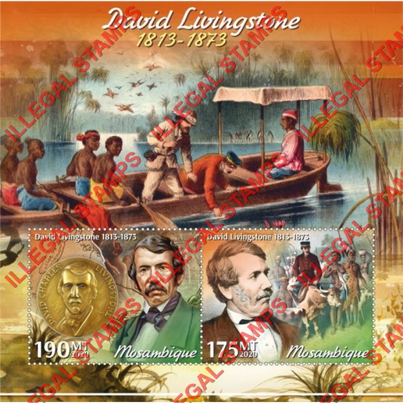 Mozambique 2020 David Livingstone Counterfeit Illegal Stamp Souvenir Sheet of 2 Mozambique 2020 David Livingstone Counterfeit Illegal Stamp Souvenir Sheet of 2
