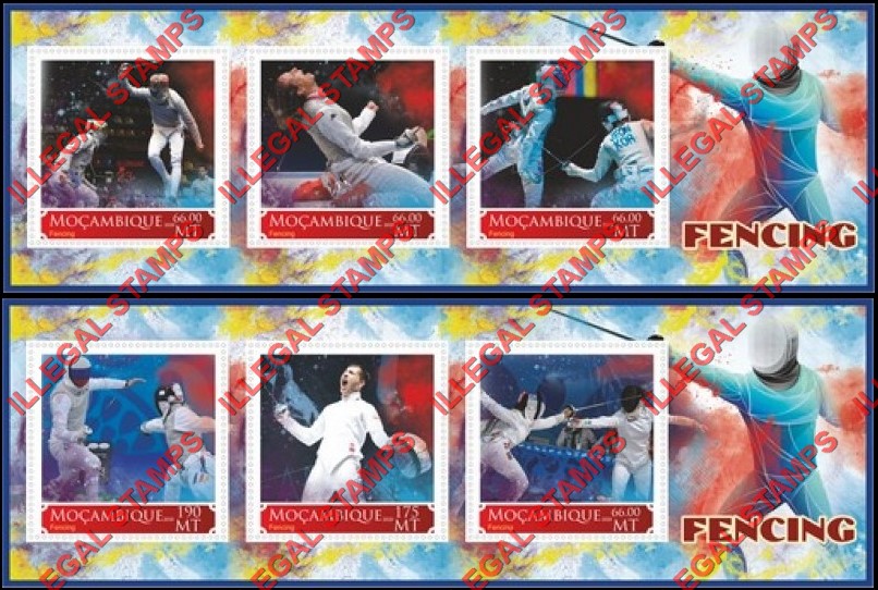 Mozambique 2020 Fencing Counterfeit Illegal Stamp Souvenir Sheets of 3 Mozambique 2020 Fencing Counterfeit Illegal Stamp Souvenir Sheets of 3