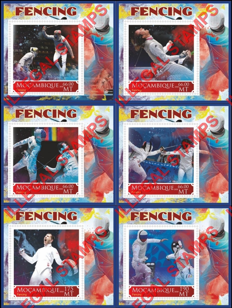 Mozambique 2020 Fencing Counterfeit Illegal Stamp Souvenir Sheets of 1 Mozambique 2020 Fencing Counterfeit Illegal Stamp Souvenir Sheets of 1