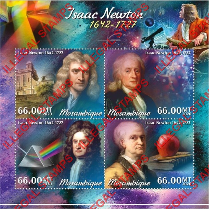 Mozambique 2020 Isaac Newton Counterfeit Illegal Stamp Souvenir Sheet of 4 Mozambique 2020 Isaac Newton Counterfeit Illegal Stamp Souvenir Sheet of 4