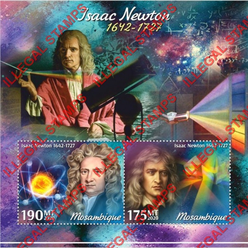 Mozambique 2020 Isaac Newton Counterfeit Illegal Stamp Souvenir Sheet of 2 Mozambique 2020 Isaac Newton Counterfeit Illegal Stamp Souvenir Sheet of 2
