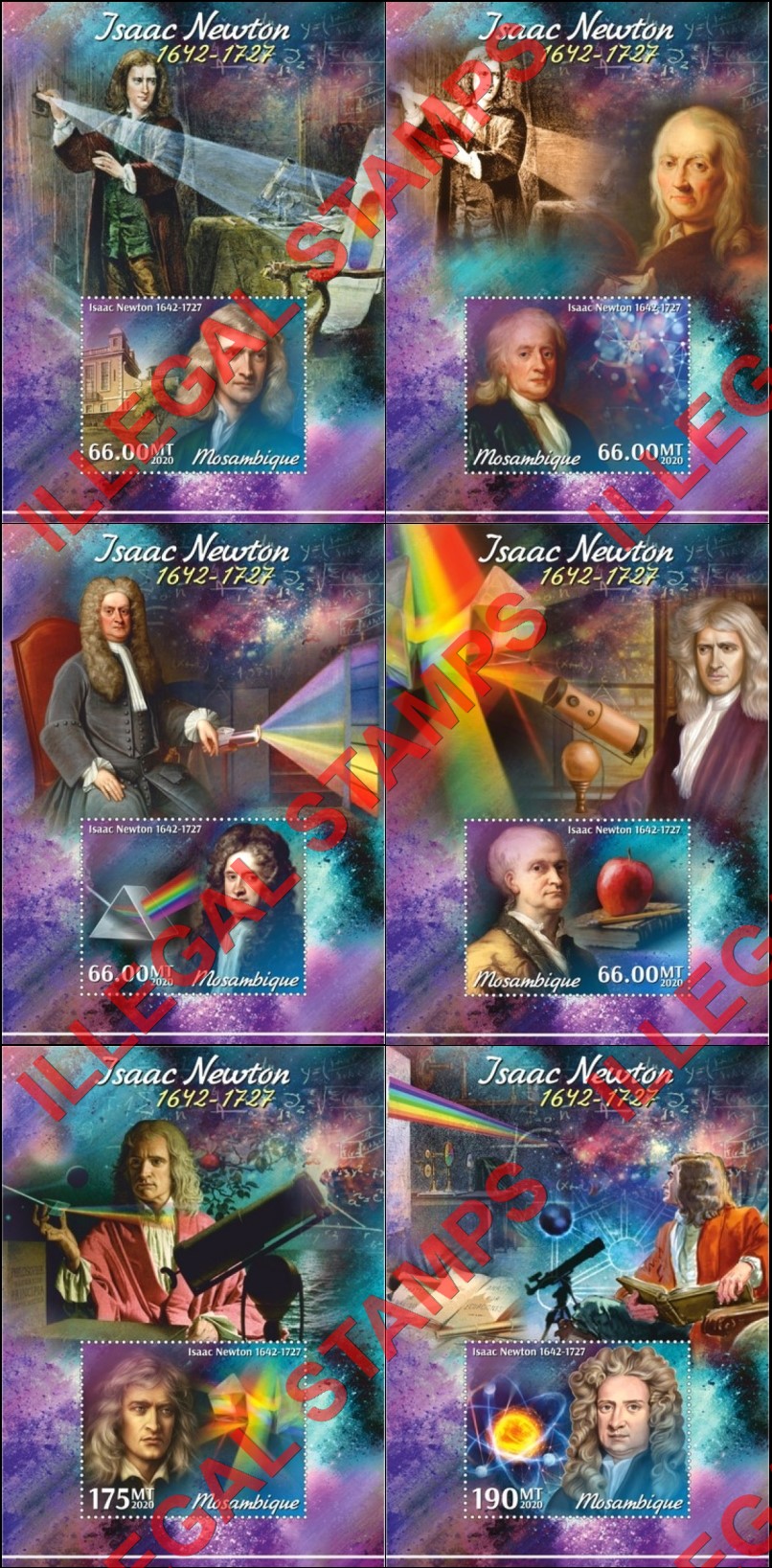 Mozambique 2020 Isaac Newton Counterfeit Illegal Stamp Souvenir Sheets of 1 Mozambique 2020 Isaac Newton Counterfeit Illegal Stamp Souvenir Sheets of 1