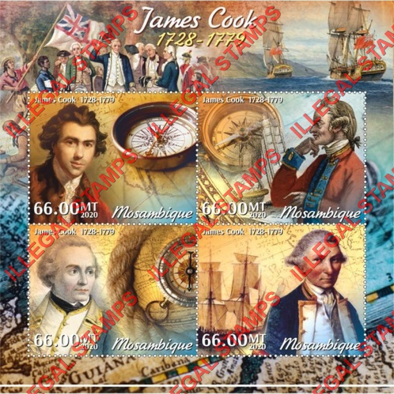 Mozambique 2020 James Cook Counterfeit Illegal Stamp Souvenir Sheet of 4 Mozambique 2020 James Cook Counterfeit Illegal Stamp Souvenir Sheet of 4