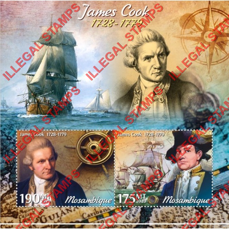 Mozambique 2020 James Cook Counterfeit Illegal Stamp Souvenir Sheet of 2 Mozambique 2020 James Cook Counterfeit Illegal Stamp Souvenir Sheet of 2