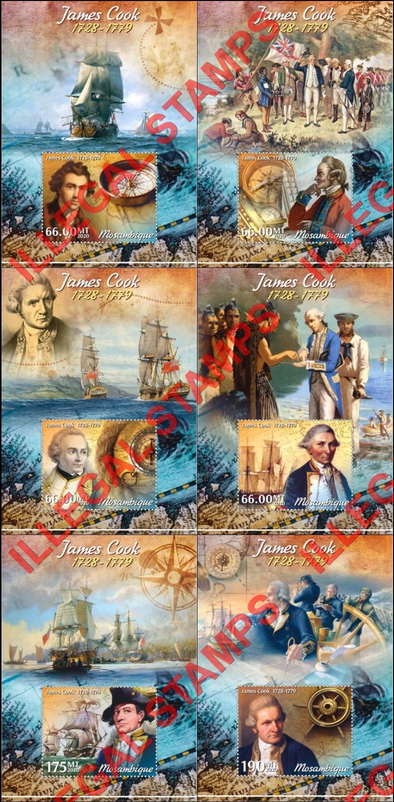 Mozambique 2020 James Cook Counterfeit Illegal Stamp Souvenir Sheets of 1 Mozambique 2020 James Cook Counterfeit Illegal Stamp Souvenir Sheets of 1