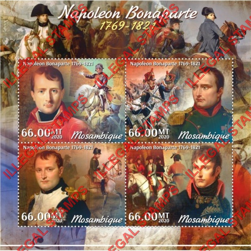 Mozambique 2020 Napoleon Bonaparte Counterfeit Illegal Stamp Souvenir Sheet of 4 Mozambique 2020 Napoleon Bonaparte Counterfeit Illegal Stamp Souvenir Sheet of 4