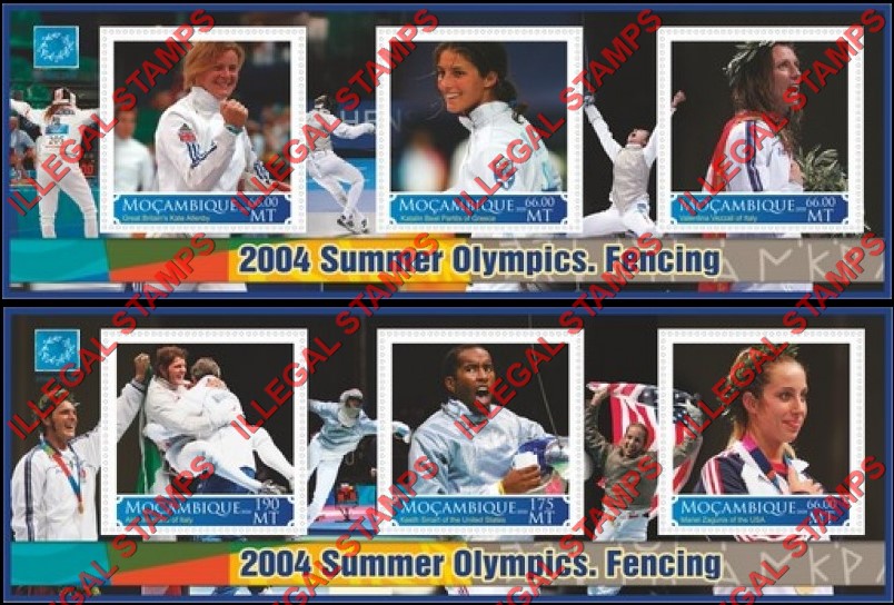 Mozambique 2020 Olympic Games in Athens in 2004 Fencing Counterfeit Illegal Stamp Souvenir Sheets of 3 Mozambique 2020 Olympic Games in Athens in 2004 Fencing Counterfeit Illegal Stamp Souvenir Sheets of 3