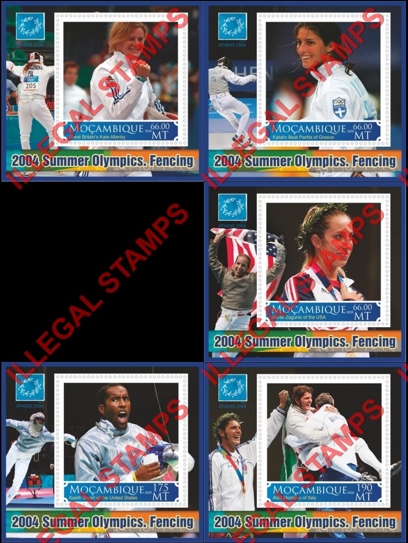 Mozambique 2020 Olympic Games in Athens in 2004 Fencing Counterfeit Illegal Stamp Souvenir Sheets of 1 Mozambique 2020 Olympic Games in Athens in 2004 Fencing Counterfeit Illegal Stamp Souvenir Sheets of 1