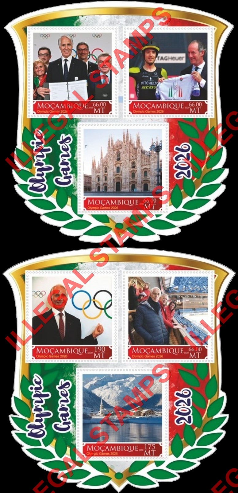 Mozambique 2020 Olympic Games in Milan in 2026 Counterfeit Illegal Stamp Souvenir Sheets of 3 Mozambique 2020 Olympic Games in Milan in 2026 Counterfeit Illegal Stamp Souvenir Sheets of 3