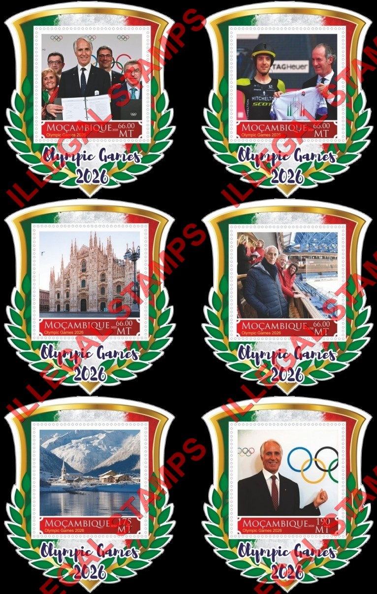 Mozambique 2020 Olympic Games in Milan in 2026 Counterfeit Illegal Stamp Souvenir Sheets of 1 Mozambique 2020 Olympic Games in Milan in 2026 Counterfeit Illegal Stamp Souvenir Sheets of 1