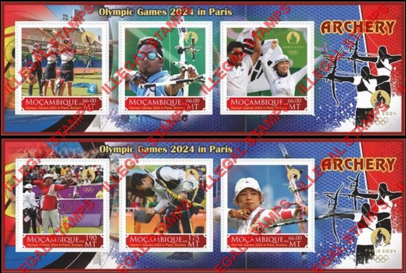 Mozambique 2020 Olympic Games in Paris in 2024 Archery Counterfeit Illegal Stamp Souvenir Sheets of 3 Mozambique 2020 Olympic Games in Paris in 2024 Archery Counterfeit Illegal Stamp Souvenir Sheets of 3