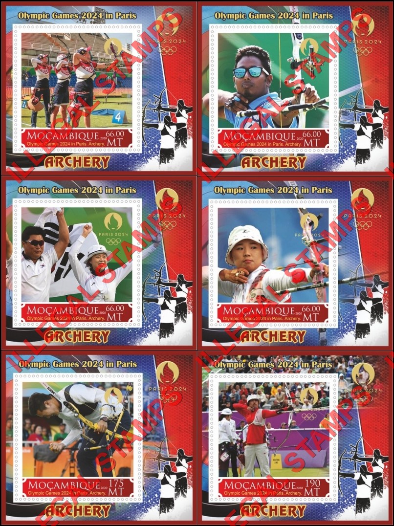Mozambique 2020 Olympic Games in Paris in 2024 Archery Counterfeit Illegal Stamp Souvenir Sheets of 1 Mozambique 2020 Olympic Games in Paris in 2024 Archery Counterfeit Illegal Stamp Souvenir Sheets of 1