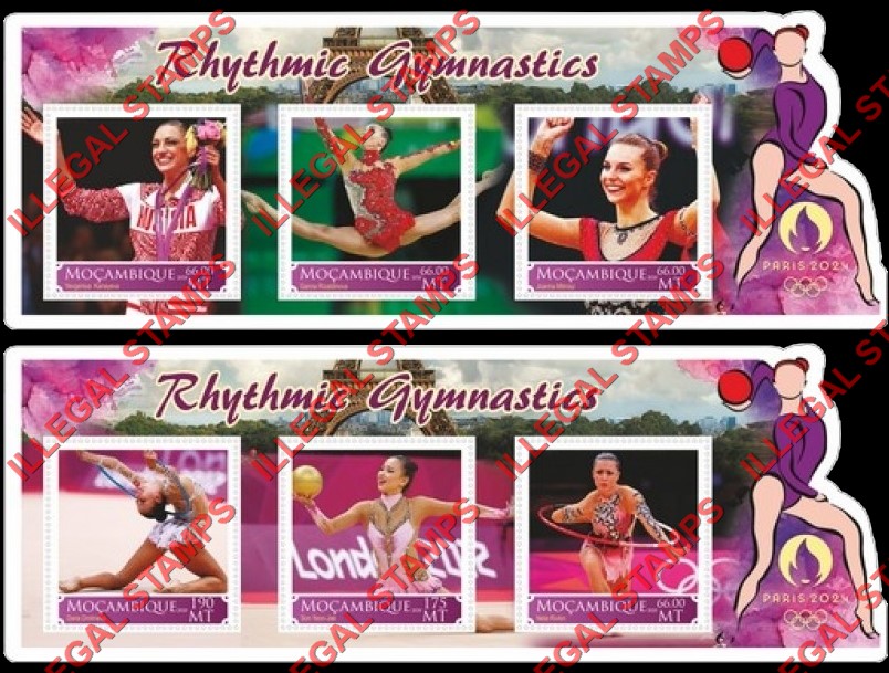 Mozambique 2020 Olympic Games in Paris in 2024 Gymnastics Counterfeit Illegal Stamp Souvenir Sheets of 3 Mozambique 2020 Olympic Games in Paris in 2024 Gymnastics Counterfeit Illegal Stamp Souvenir Sheets of 3