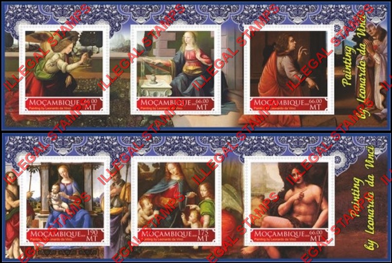 Mozambique 2020 Paintings by Leonardo da Vinci Counterfeit Illegal Stamp Souvenir Sheets of 3 Mozambique 2020 Paintings by Leonardo da Vinci Counterfeit Illegal Stamp Souvenir Sheets of 3
