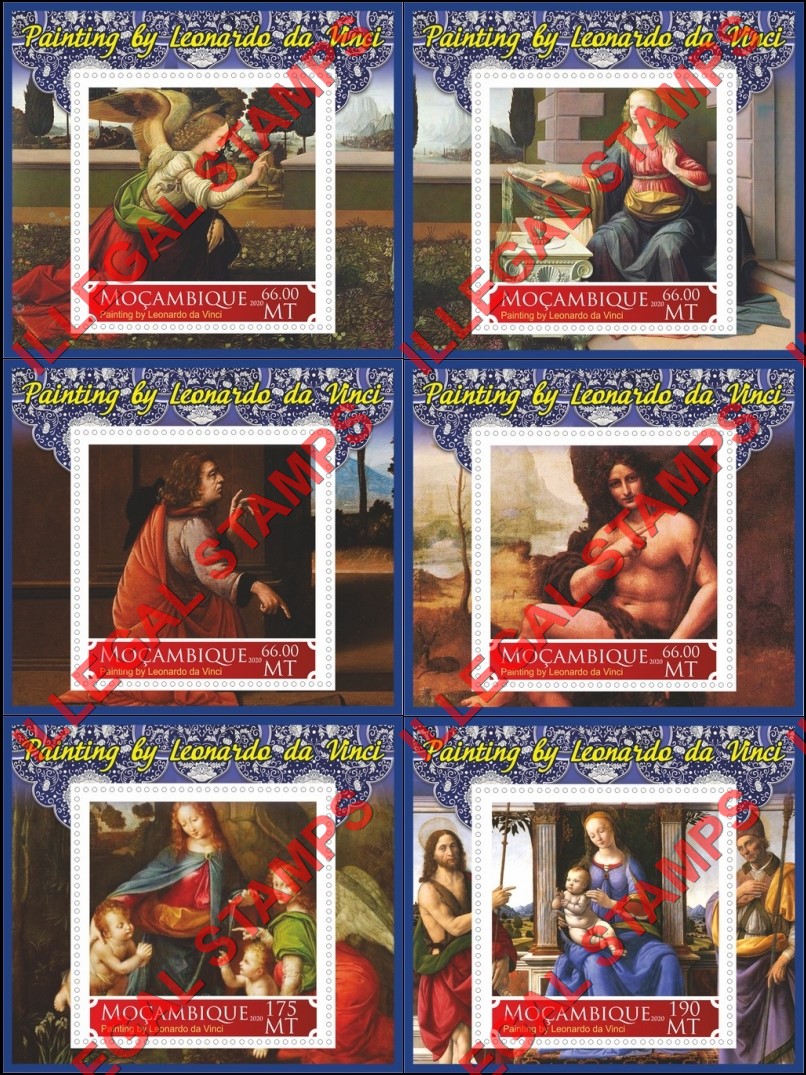 Mozambique 2020 Paintings by Leonardo da Vinci Counterfeit Illegal Stamp Souvenir Sheets of 1 Mozambique 2020 Paintings by Leonardo da Vinci Counterfeit Illegal Stamp Souvenir Sheets of 1