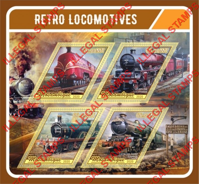Mozambique 2020 Retro Locomotives Counterfeit Illegal Stamp Souvenir Sheet of 4 Mozambique 2020 Retro Locomotives Counterfeit Illegal Stamp Souvenir Sheet of 4