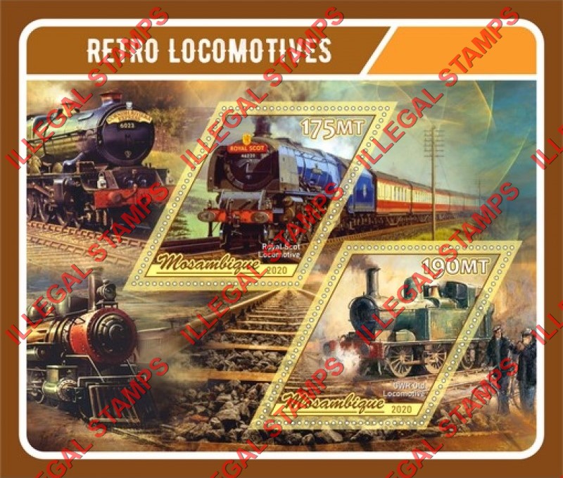 Mozambique 2020 Retro Locomotives Counterfeit Illegal Stamp Souvenir Sheet of 2 Mozambique 2020 Retro Locomotives Counterfeit Illegal Stamp Souvenir Sheet of 2