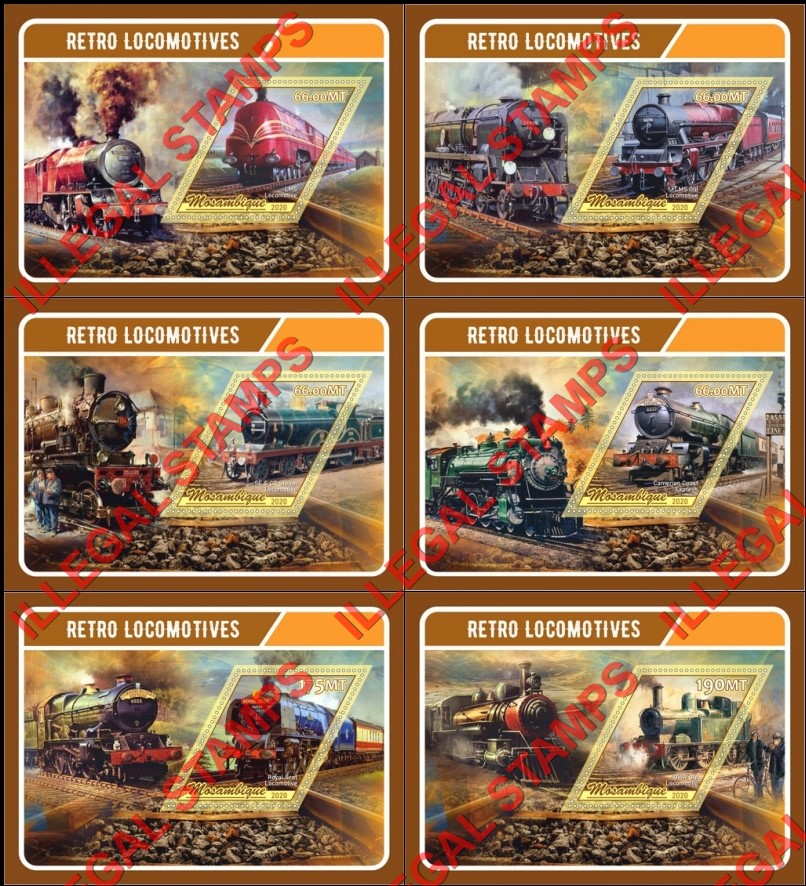 Mozambique 2020 Retro Locomotives Counterfeit Illegal Stamp Souvenir Sheets of 1 Mozambique 2020 Retro Locomotives Counterfeit Illegal Stamp Souvenir Sheets of 1