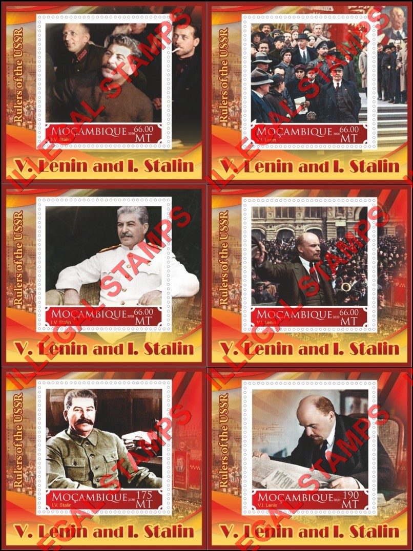 Mozambique 2020 Stalin and Lenin (different b) Counterfeit Illegal Stamp Souvenir Sheets of 1 Mozambique 2020 Stalin and Lenin (different b) Counterfeit Illegal Stamp Souvenir Sheets of 1