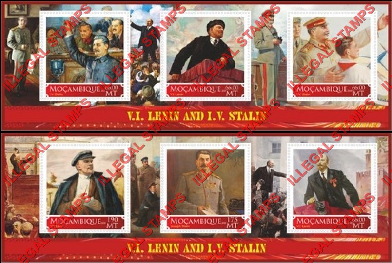 Mozambique 2020 Stalin and Lenin (different) Counterfeit Illegal Stamp Souvenir Sheets of 3 Mozambique 2020 Stalin and Lenin (different) Counterfeit Illegal Stamp Souvenir Sheets of 3