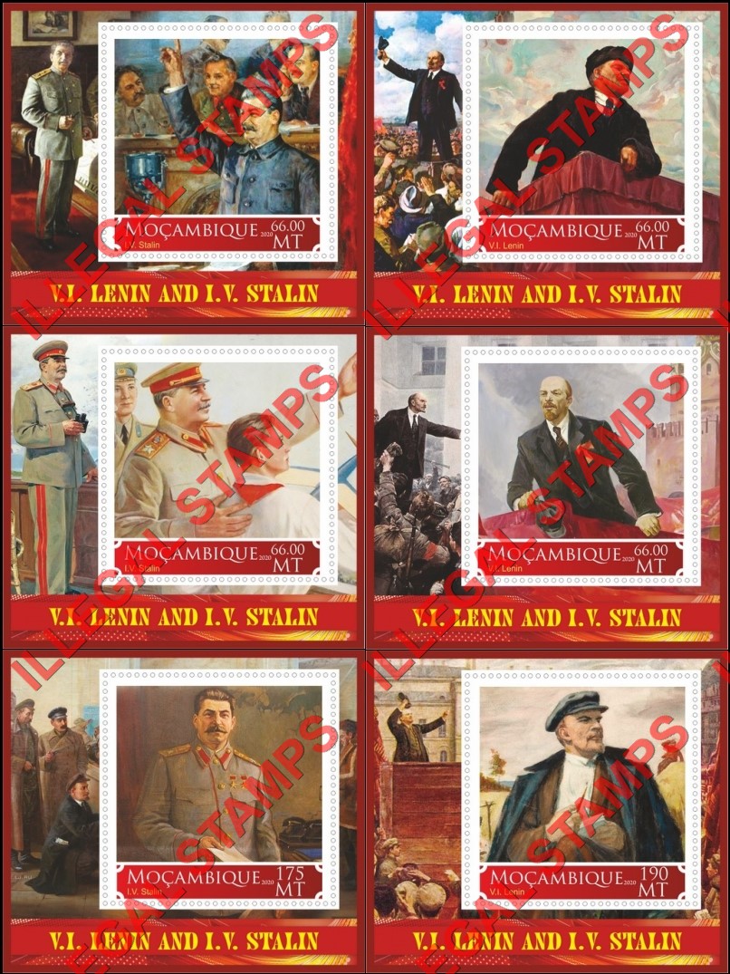 Mozambique 2020 Stalin and Lenin (different) Counterfeit Illegal Stamp Souvenir Sheets of 1 Mozambique 2020 Stalin and Lenin (different) Counterfeit Illegal Stamp Souvenir Sheets of 1