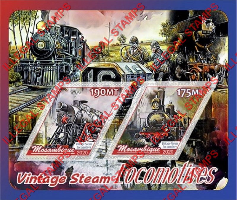 Mozambique 2020 Vintage Steam Locomotives Counterfeit Illegal Stamp Souvenir Sheet of 2 Mozambique 2020 Vintage Steam Locomotives Counterfeit Illegal Stamp Souvenir Sheet of 2