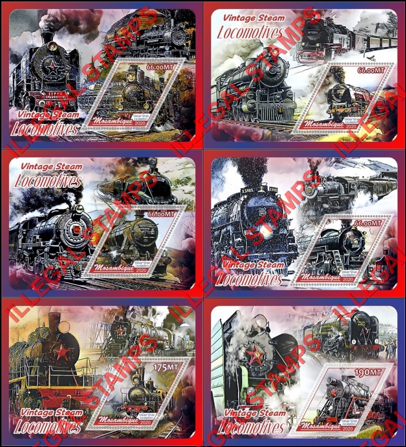 Mozambique 2020 Vintage Steam Locomotives Counterfeit Illegal Stamp Souvenir Sheets of 1 Mozambique 2020 Vintage Steam Locomotives Counterfeit Illegal Stamp Souvenir Sheets of 1