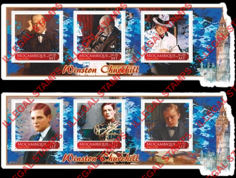 Mozambique 2020 Winston Churchill (different) Counterfeit Illegal Stamp Souvenir Sheets of 3 Mozambique 2020 Winston Churchill (different) Counterfeit Illegal Stamp Souvenir Sheets of 3